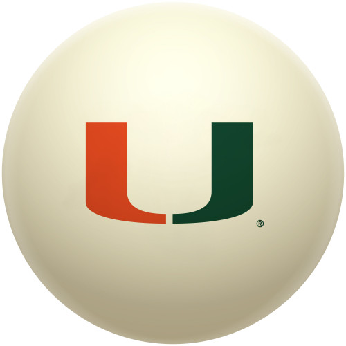 Miami Hurricanes cue ball featuring the iconic orange and green Split-U logo on a classic ivory-colored billiard ball, displayed individually on a white background.