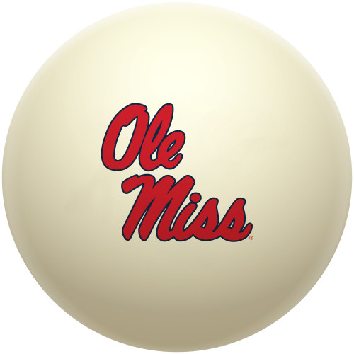 Ole Miss Rebels cue ball featuring the classic red and blue Ole Miss script logo on an ivory-colored billiard ball, displayed individually on a white background.