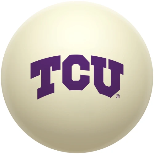 TCU Horned Frogs cue ball featuring bold purple TCU lettering on a classic ivory-colored billiard ball, displayed individually on a white background.