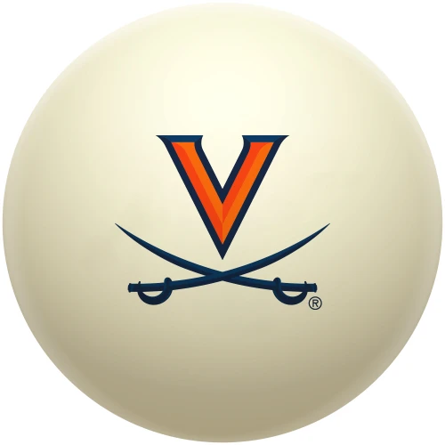 Virginia Cavaliers cue ball featuring the orange and navy blue Virginia V-Sabre logo with crossed sabres on a classic ivory-colored billiard ball, displayed individually on a white background.