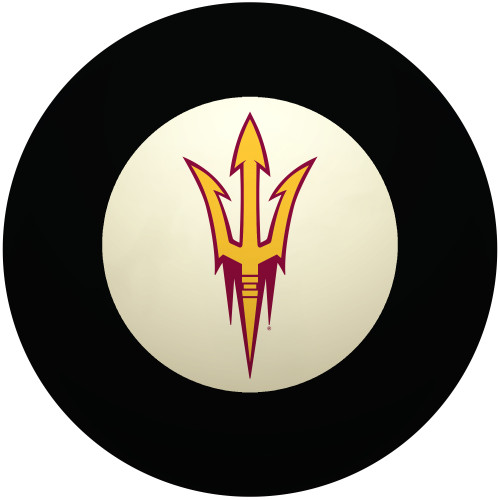 Arizona State Sun Devils Eight Ball featuring the maroon and gold ASU pitchfork logo centered inside the traditional white circle of a black billiard eight ball, displayed on a white background.