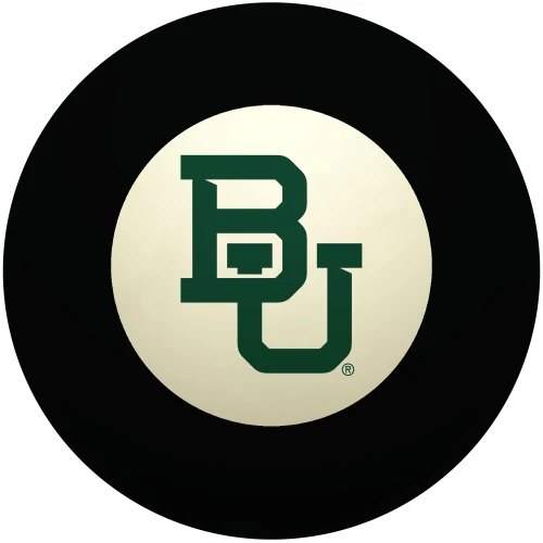 Baylor Bears Eight Ball featuring the green and gold interlocking BU logo centered inside the traditional white circle of a classic black billiard Eight Ball on a white background.