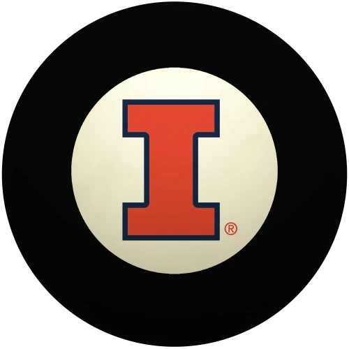 Illinois Fighting Illini Eight Ball featuring the orange and navy Block I logo centered inside the traditional white circle of a classic black billiard Eight Ball on a white background.