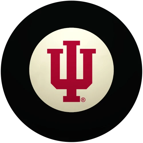 Indiana Hoosiers Eight Ball featuring the crimson IU trident logo centered inside the traditional white circle of a classic black billiard Eight Ball on a white background.