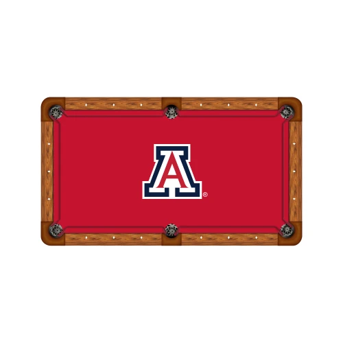 Top-down product view of Arizona Wildcats red logo billiard cloth installed on a traditional wood-rail pool table. The bright red playing surface features the Arizona Wildcats block A logo in red, white, and navy centered on the table.
