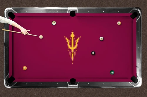 Top-down product view of Arizona State Sun Devils pitchfork logo billiard cloth installed on a traditional wood-rail pool table. The maroon playing surface features the Arizona State pitchfork logo centered on the table.
