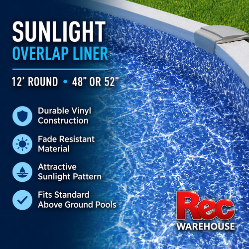 12’ Round Sunlight Overlap Pool Liner – Fits 48” or 52” Above Ground Pools – Durable Vinyl, Fade Resistant, Blue Sunlight Pattern