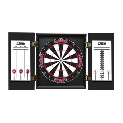 Open Alabama Crimson Tide dartboard cabinet showing the dartboard, built-in scoreboards, and team graphics