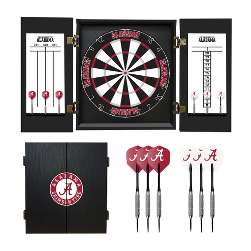 Alabama Crimson Tide Fan's Choice dartboard set with cabinet, bristle dartboard, scoreboard, and six darts