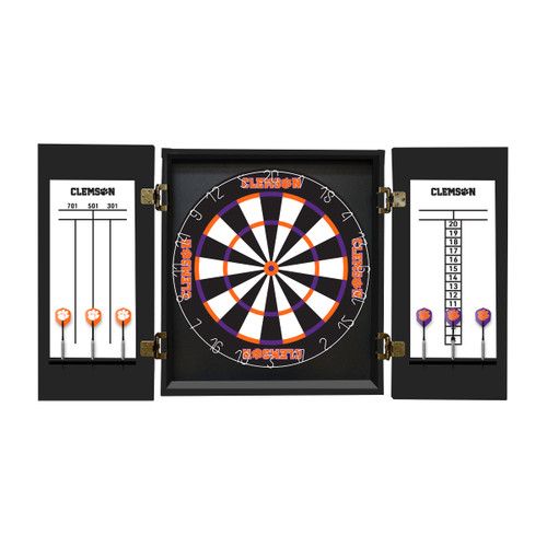 Open Clemson Tigers dartboard cabinet showing the bristle dartboard, built-in scoreboards, and team graphics
