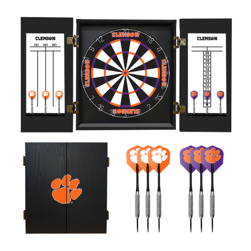 Clemson Tigers Fan's Choice dartboard cabinet set with bristle dartboard, scoreboards, closed cabinet, and six darts