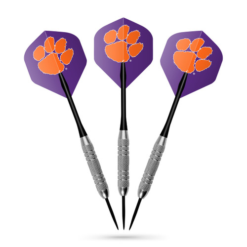 Clemson Tigers Fan's Choice dart set with three 23gm nickel-plated darts, black aluminum shafts, and purple team logo flights