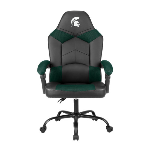 Front view of the Michigan State Spartans oversized green gaming chair with padded armrests, rolling base, and embroidered team logo