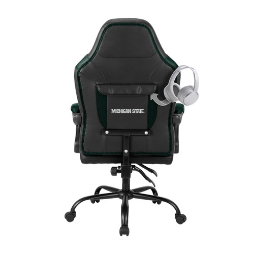 Rear view of the Michigan State Spartans oversized gaming chair showing the back storage pouch and embroidered team logo