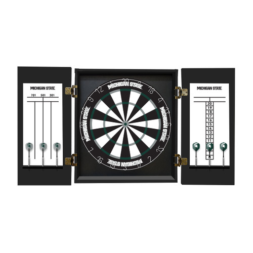 Open Michigan State Spartans dartboard cabinet showing the bristle dartboard, built-in scoreboards, and team graphics