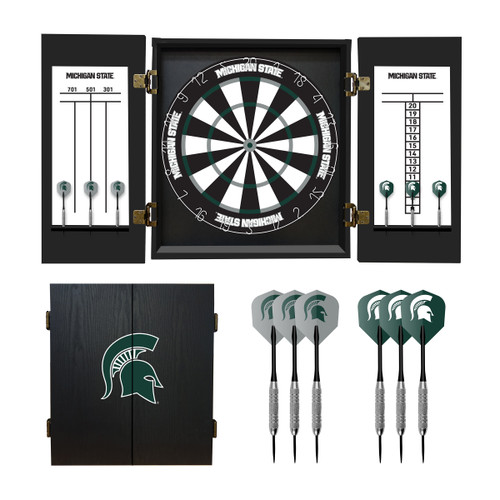 Michigan State Spartans Fan's Choice dartboard cabinet set with bristle dartboard, built-in scoreboards, closed cabinet, and team logo darts