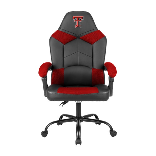 Front view of the Texas Tech Red Raiders oversized red and black office chair with padded arms, rolling base, and embroidered team logo