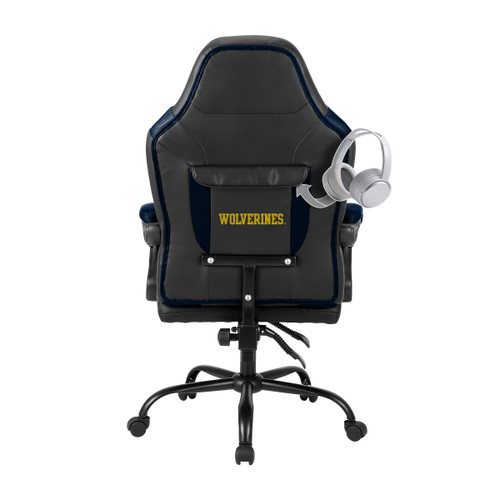 Back view of the University of Michigan Wolverines office gaming chair featuring team branding on the chair back and a padded headrest design.