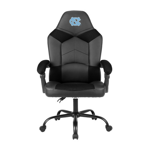 University of North Carolina Tar Heels oversized office chair in black and gray with a Carolina blue UNC logo on the headrest, shown from the front.