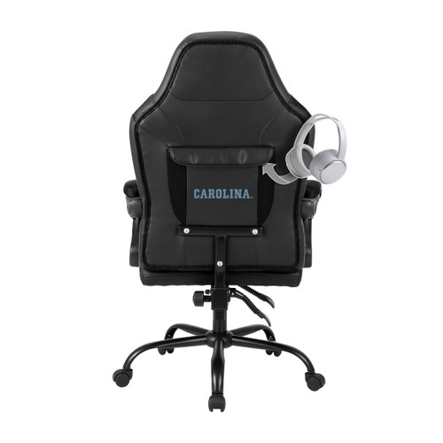 Back view of the University of North Carolina Tar Heels oversized office chair featuring a storage pouch and team branding on the chair back.