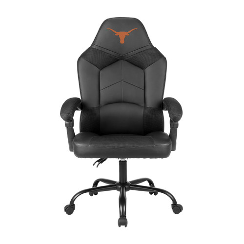 University of Texas Longhorns oversized gaming chair in black and gray with a burnt orange Longhorns logo on the headrest, shown from the front.
