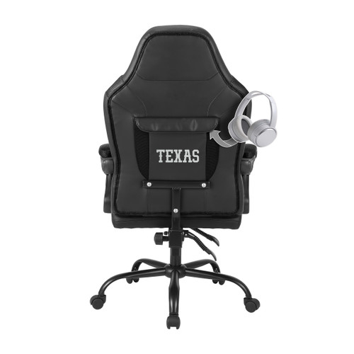 Back view of the University of Texas Longhorns oversized gaming chair featuring a rear storage pouch with Texas branding and a headset shown on the side.
