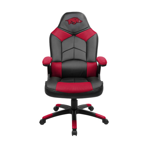 University of Arkansas Razorbacks oversized gaming chair in black, gray, and red with a red Razorbacks logo on the headrest, shown from the front.