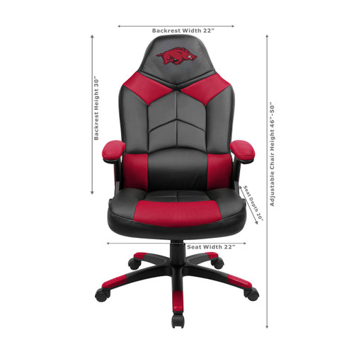 University of Arkansas Razorbacks oversized gaming chair shown from the front with product dimensions and red-and-black team-inspired styling.