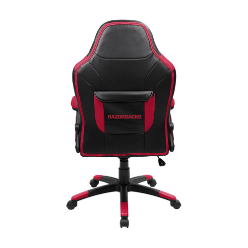 Back view of the University of Arkansas Razorbacks oversized gaming chair featuring red trim, a rear storage pouch, and team branding on the chair back.