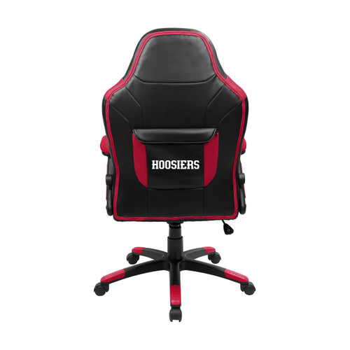 Back view of the Indiana University Hoosiers oversized gaming chair featuring red trim, a rear storage pouch, and Indiana team branding on the chair back.