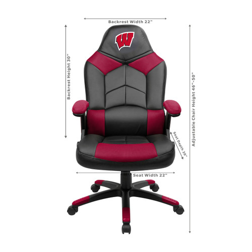 University of Wisconsin Badgers oversized gaming chair shown from the front with product dimensions and red-and-black team-inspired styling.