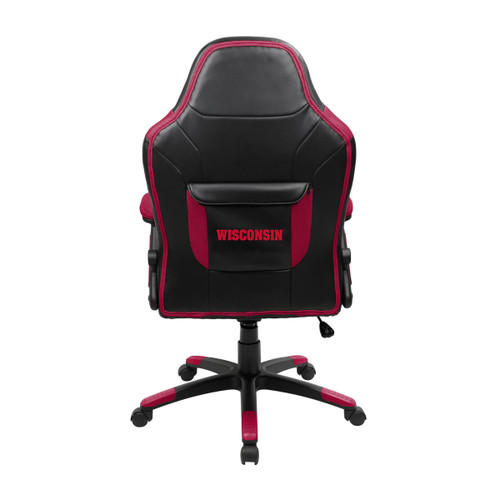 Back view of the University of Wisconsin Badgers oversized gaming chair featuring red trim, a rear storage pouch, and Wisconsin team branding on the chair back.