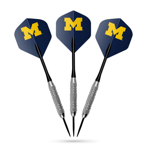 Michigan Wolverines dart set featuring three steel-tip darts with navy flights displaying the maize Michigan Block M logo.