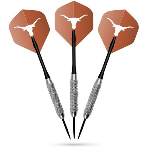 Texas Longhorns dart set featuring three steel-tip darts with burnt orange flights displaying the white Longhorns logo.