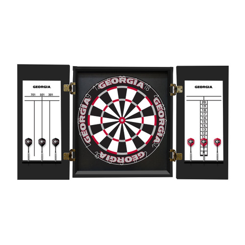Georgia Bulldogs dartboard cabinet shown open with a regulation-style dartboard and built-in scoreboards on each side.