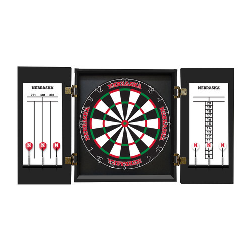 Nebraska Cornhuskers dartboard cabinet shown open with a regulation-style dartboard and built-in scoreboards on each side.