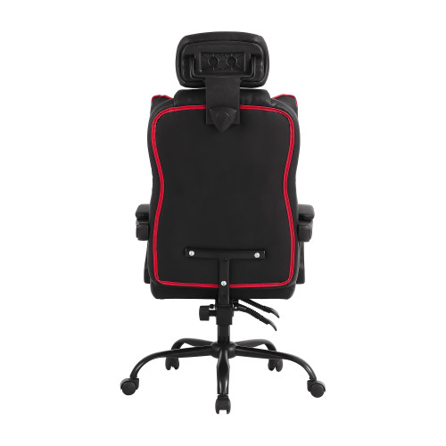 Back view of the Nebraska Cornhuskers oversized gaming chair featuring red trim, a rear storage pouch, and Nebraska team branding on the chair back.