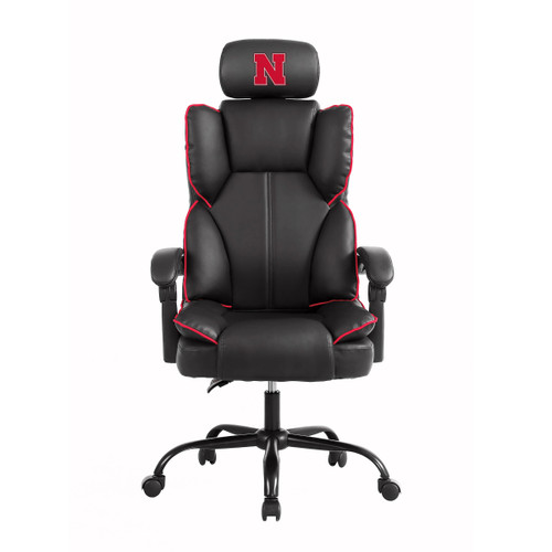 Nebraska Cornhuskers oversized gaming chair in black, gray, and red with the Nebraska N logo on the headrest, shown from the front.