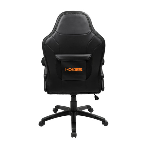 Back view of the Virginia Tech Hokies oversized gaming chair featuring a rear storage pouch and Hokies team branding on the chair back.