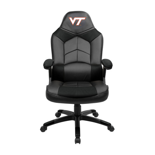 Virginia Tech Hokies oversized gaming chair in black and gray with the VT logo on the headrest, shown from the front.
