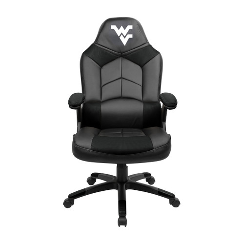 West Virginia Mountaineers oversized gaming chair in black and gray with the WV logo on the headrest, shown from the front.
