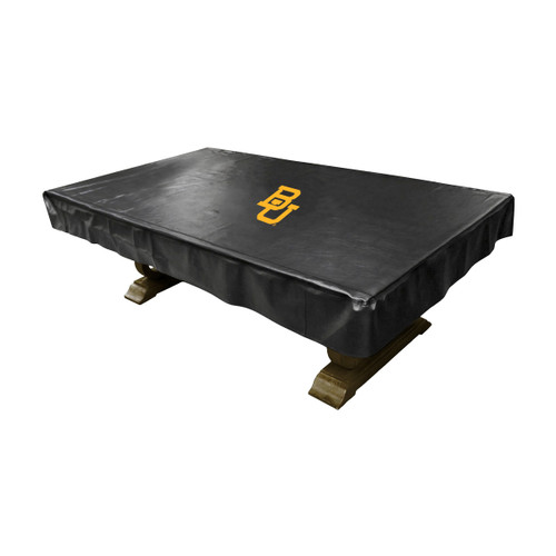 Baylor Bears black pool table cover displayed on a billiard table, featuring the gold Baylor BU logo centered on top. This custom NCAA table cover helps protect the pool table surface while adding Baylor Bears team spirit to a game room, fan cave, pool room, or entertainment space.