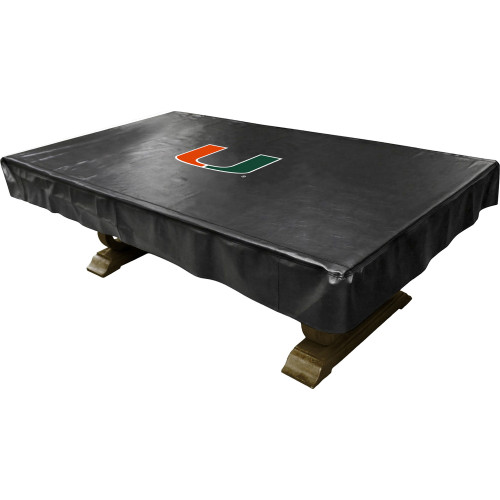 Miami Hurricanes black pool table cover displayed on a billiard table, featuring the orange and green Miami “U” logo centered on top. This custom NCAA table cover helps protect the pool table surface while adding Hurricanes team spirit to a game room, fan cave, pool room, or entertainment space.