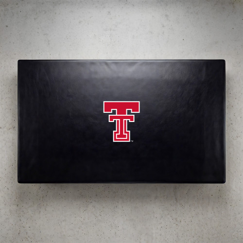 Texas Tech Red Raiders pool table cover shown from above, featuring a black cover design with the red Texas Tech Double T logo centered on the surface. This NCAA billiard table cover is designed to protect the table while showcasing Texas Tech team pride.