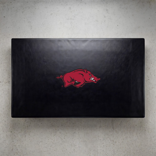 Arkansas Razorbacks pool table cover shown from above, featuring a black cover design with the red Razorbacks hog logo centered on the surface. This NCAA billiard table cover is designed to protect the table while showcasing University of Arkansas team pride.