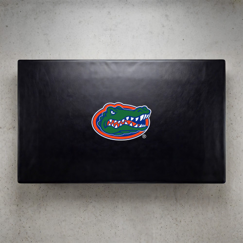 Florida Gators pool table cover shown from above, featuring a black cover design with the Florida Gators logo centered on the surface. This NCAA billiard table cover is designed to protect the table while showcasing University of Florida team pride.
