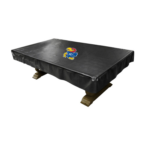 Kansas Jayhawks black pool table cover displayed on a billiard table, featuring the colorful Kansas Jayhawks logo centered on top. This custom NCAA table cover helps protect the pool table surface while adding Jayhawks team spirit to a game room, fan cave, pool room, or entertainment space.