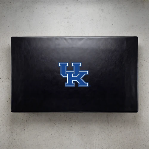 Kentucky Wildcats pool table cover shown from above, featuring a black cover design with the blue Kentucky “UK” logo centered on the surface. This NCAA billiard table cover is designed to protect the table while showcasing University of Kentucky team pride.