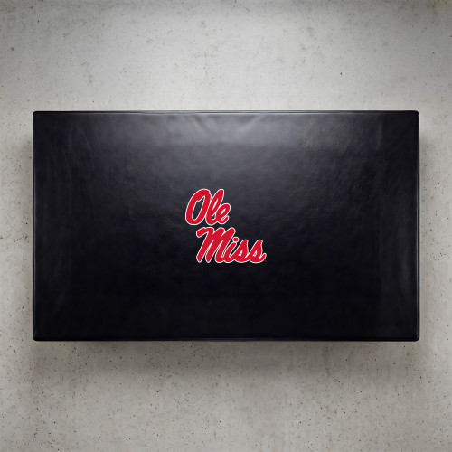 Ole Miss Rebels pool table cover shown from above, featuring a black cover design with the red Ole Miss logo centered on the surface. This NCAA billiard table cover is designed to protect the table while showcasing University of Mississippi team pride.