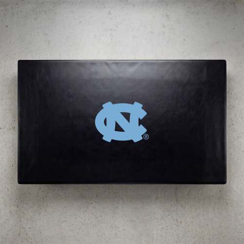North Carolina Tar Heels pool table cover shown from above, featuring a black cover design with the Carolina blue UNC logo centered on the surface. This NCAA billiard table cover is designed to protect the table while showcasing University of North Carolina team pride.